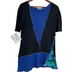 Rags 2 Riches Upcycled Patchwork Tunic Top Large Blue Black Made in Maine Shirt
